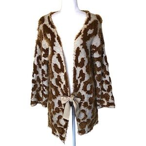 UNIQ Mocha Leopard Print Long Fluffy Textured Cardigan‎ S/M Cozy Lounge Wear